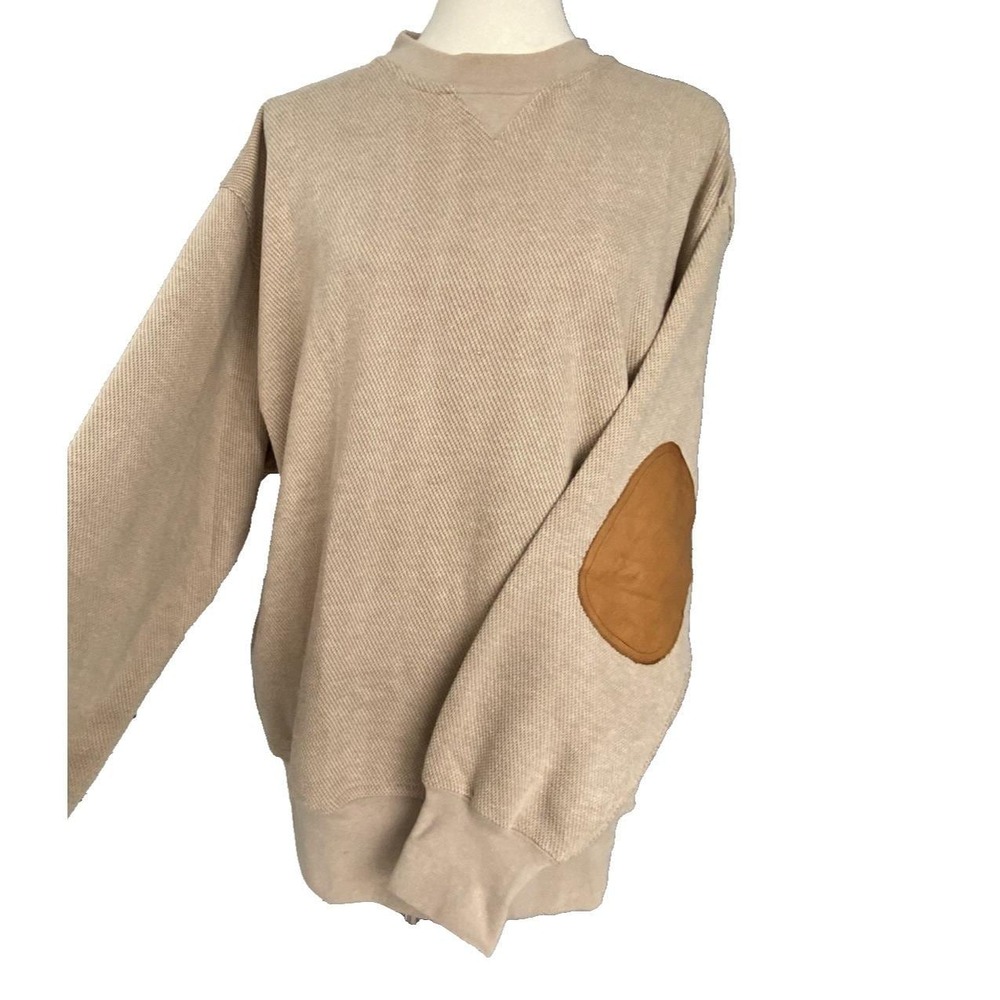 Orvis Y2K Men L Sweater Old Money Pullover Beige Elbow Patch Knit Cotton Blend